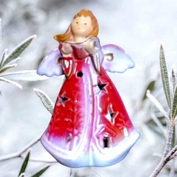 ANGEL CHRISTMAS VOTIVE CANDLEHOLDER Glazed Ceramic Singing Carols. VINTAGE - Picture 1 of 2